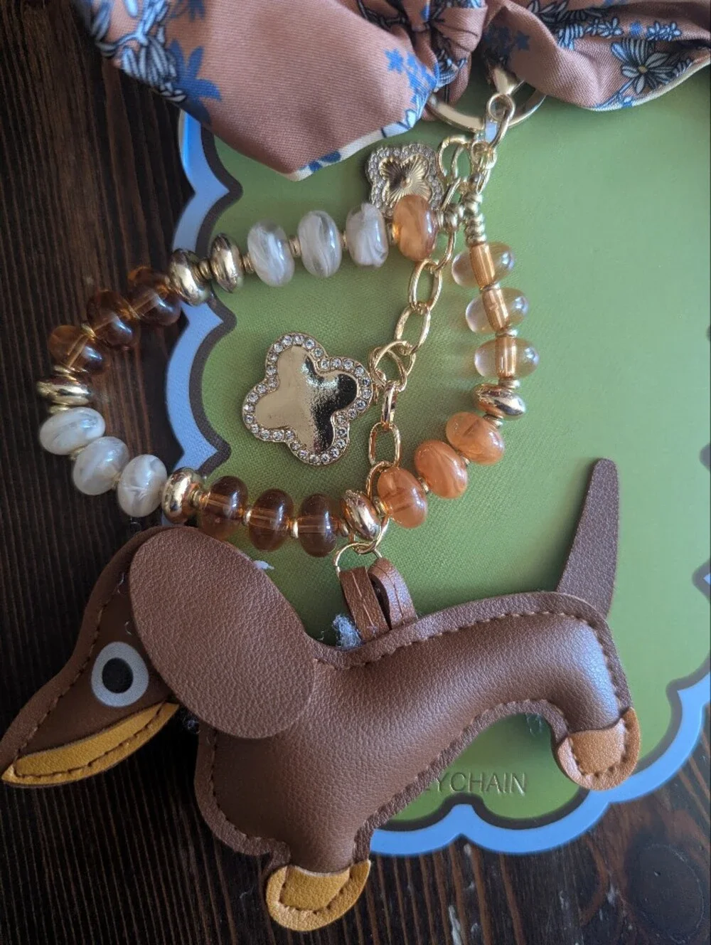 Noir Dachshund  Charm Bag Key Chain Brown Scarf Beaded charm Gold tone NWT